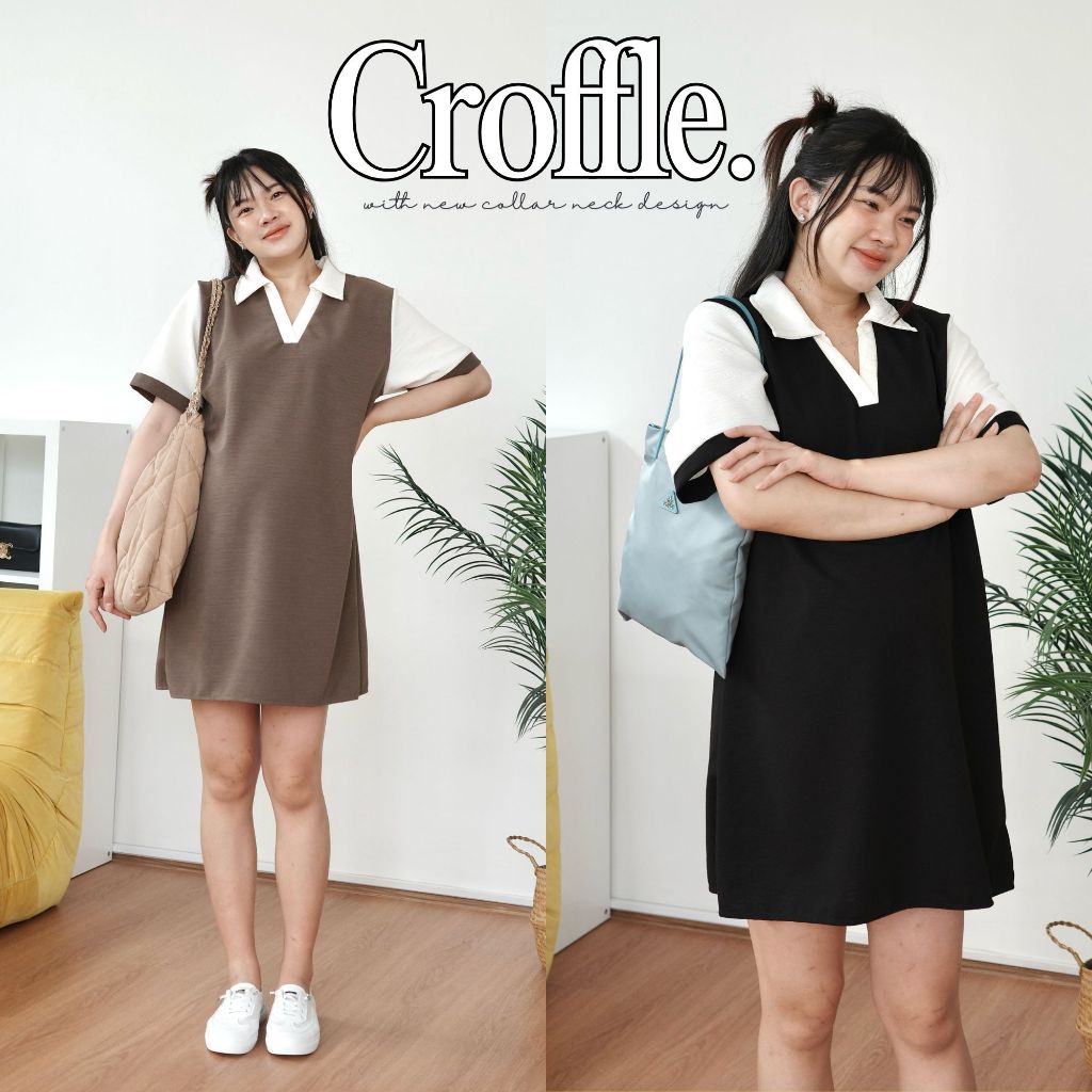 12FEBRUARY | CROFFLE DRESS เดรสทูโทน คอปกกว้าง ทรงสวยใส่สบาย ผ้าไม่ต้องรีด