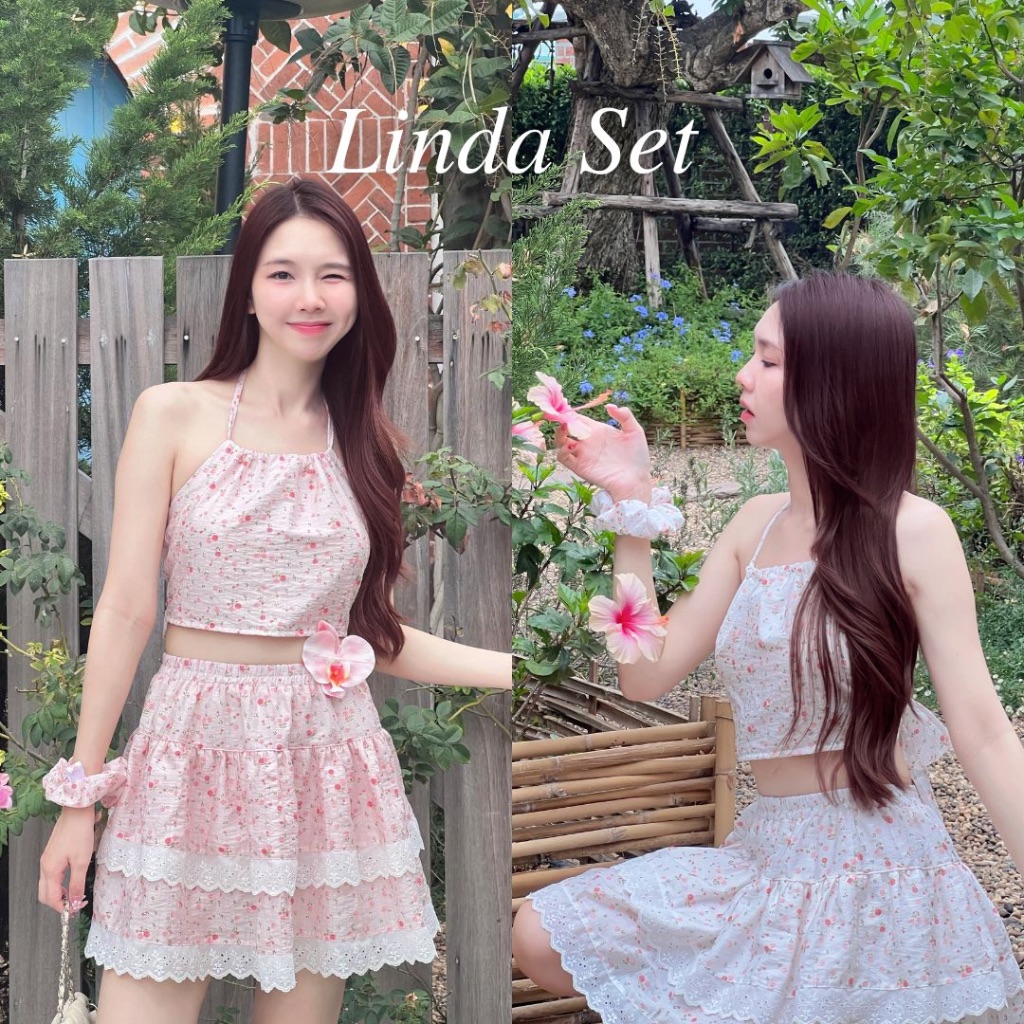 𝐋𝐢𝐧𝐝𝐚 𝐒𝐞𝐭เซ็ท3ชิ้น เกาะอกผูกหลังผูกคอ+กระโปรงสั้น+โดนัทรัดผม