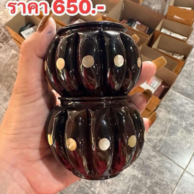 อุปกรณ์กรงนก แก้วน้ำนกไม้ขาวดำกลึงน้ำเต้าฝังมุก ขนาดใหญ่ 1 คู่