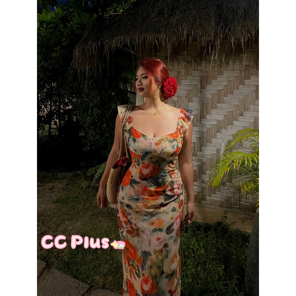 CiCi Plus+(3362) เดรสยาวสายเดี่ยว พิมพ์ลายดอกไม้ ซิปหลัง มีซับใน สไตล์วินเทจสาวพลัสไซส์