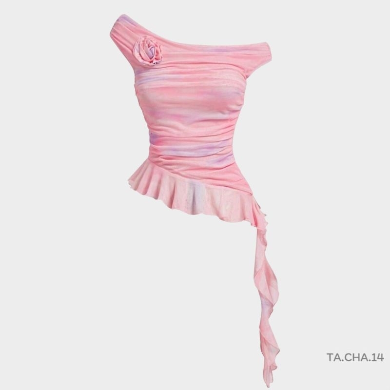 พร้อม​ส่ง​ 🍒🌈​ เสื้อยืด​ปาด​ไหล่​ ลายมัด​ย้อม​ แต่งดอกไม้​ ระบาย​ จับย่น​ สีชมพู​