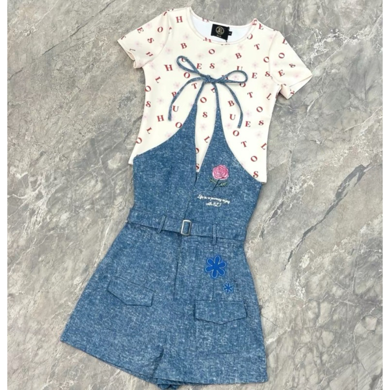 BLT BRAND จั้มยีนส์ขาสั้น มีเข็มขัด ปักดอกกุหลาบ สุดคิ้วท์ ไซส์XXL