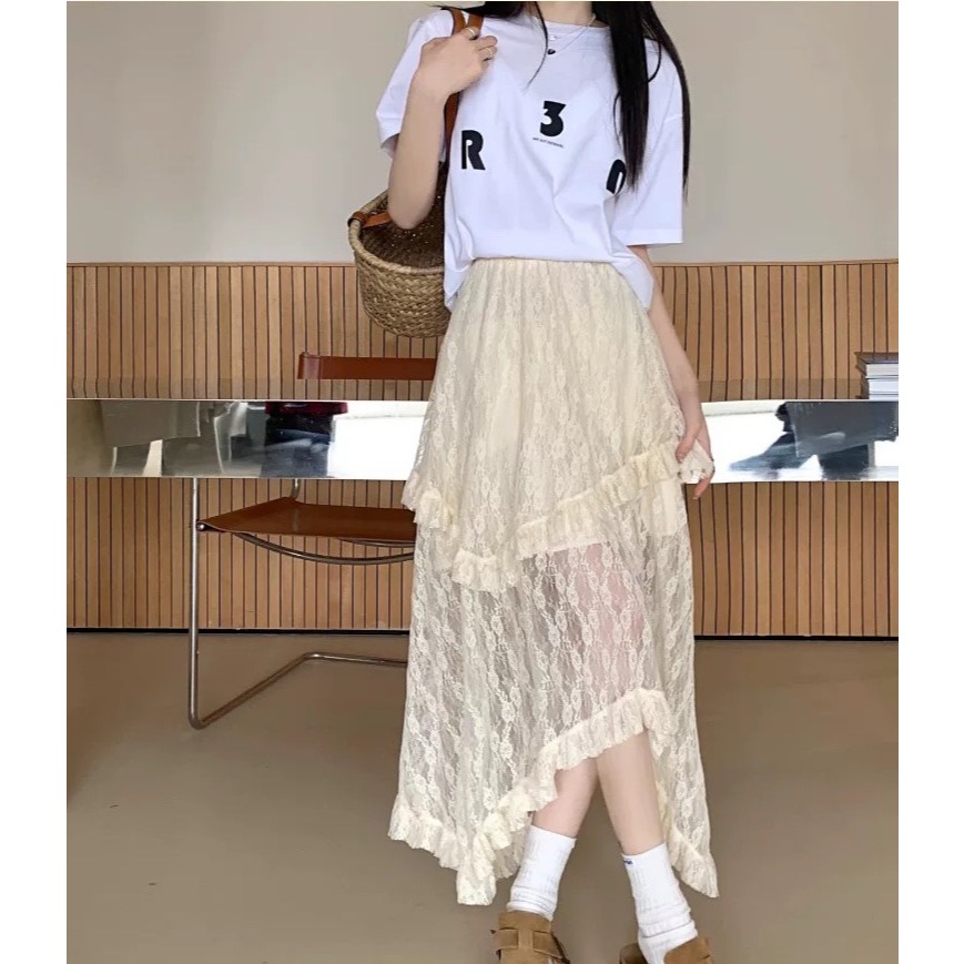 ส่งทันที Cici(NO. 2527) กระโปรงเอวยางยืด แต่งระบายลูกไม้ มีซับใน ดีเทลเว้าหน้า สไตล์สาวฮาวาย - รูปที่ 7