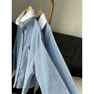 Seeingstudio | Terra shirt เสื้อเชิ้ตลายทางผู้หญิง Freesize ดีเทลคอปก+ปลายแขนสีขาว