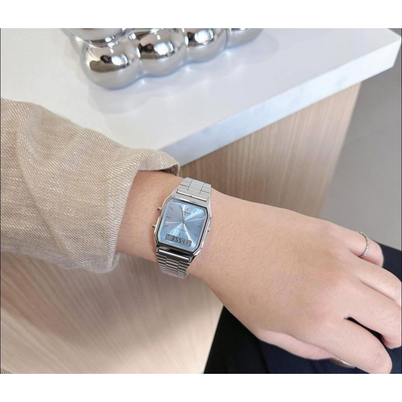 Casio นาฬิกาข้อมือ รุ่น AQ-230A-2A1 สีไอซ์บลู รุ่นโดยอง nct AQ-230 Unisex 2 ระบบ รับประกันศูนย์เซ็นทรัล 1 ปีเต็ม