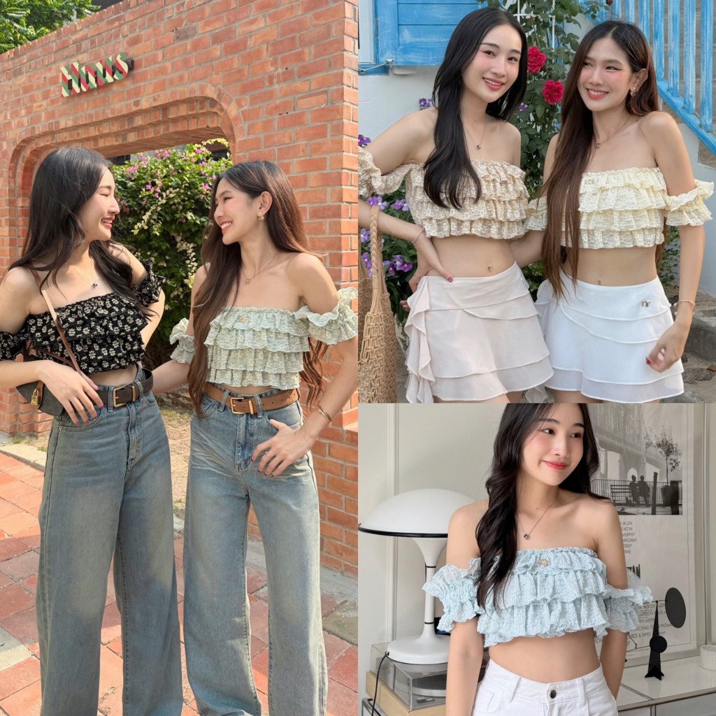 NICHARIS - เสื้อปาดไหล่ลายดอกไม้ รุ่น Lilly Top