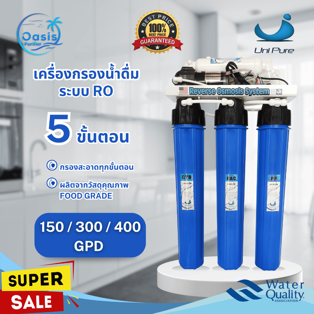 Unipure เครื่องกรองน้ำ RO 5 ขั้นตอน 20 นิ้ว 150 300 400 GPD กรองละเอียด ติดตั้งง่าย อุปกรณ์ครบชุด