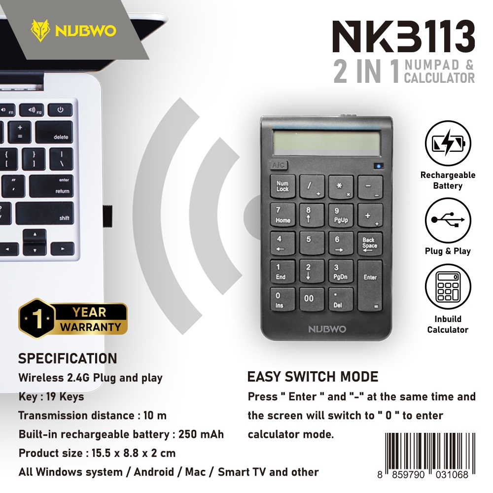 คีย์บอร์ดตัวเลข Wireless + เครื่องคิดเลข NUBWO รุ่น NKB-113 เชื่อมต่อไร้สายผ่าน USB Wireless 2.4GHz