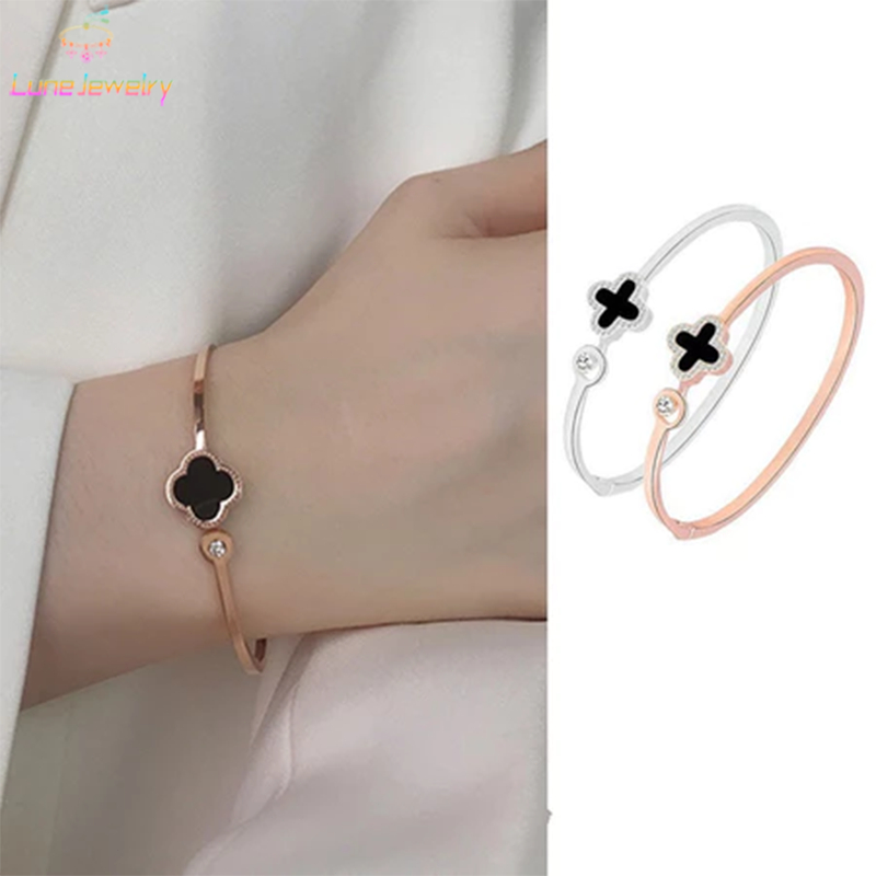 COD💖 สร้อยข้อมือเกาหลีRose Gold Lucky Clover สร้อยข้อมือกําไลข้อมือเงิน หรูหรา แฟชั่น สร้อยข้อมือสําหรับผู้หญิง-Lune
