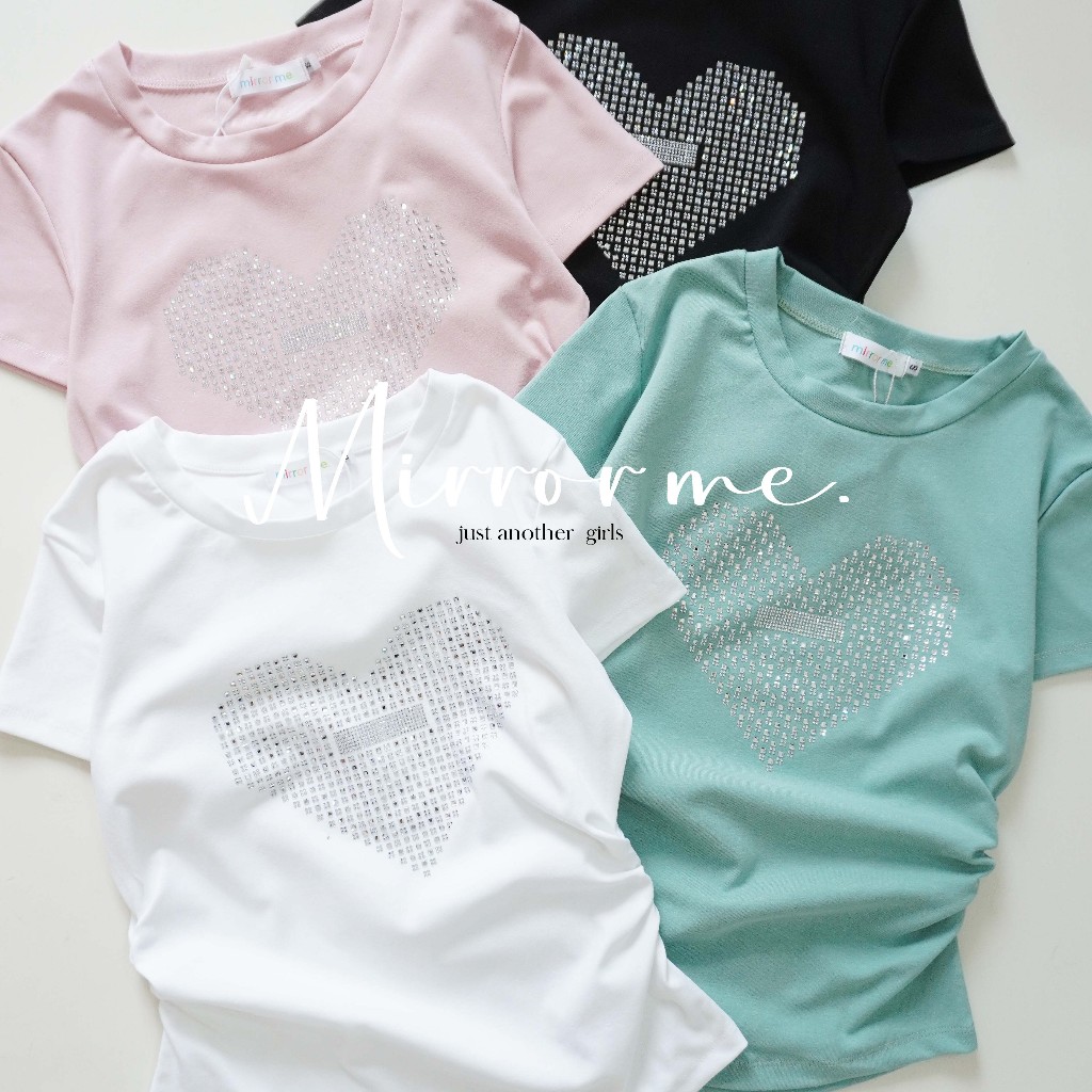 mirrorme เสื้อยืดหัวใจกากเพชร วิบวับน่ารัก ดึงยางข้าง พรางหุ่น สาวอวบใส่ได้