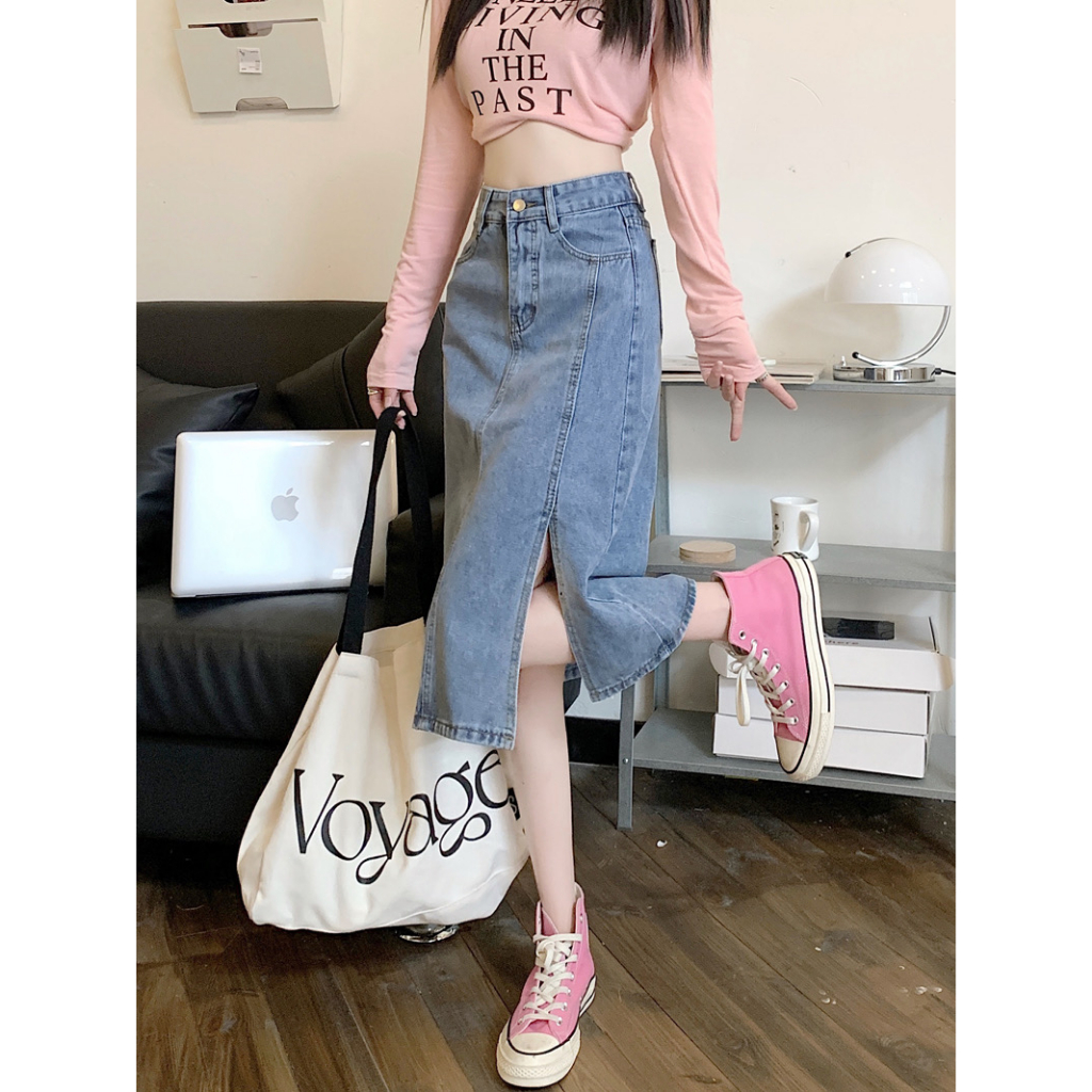 GHAOHES  กระโปรง ยีน ส์ ยาว  ผ่าข้าง  เอวสูง  ฮัน บรีซ  สะดวกสบายและสง่างาม 3XL  กระโปรงยีนส์