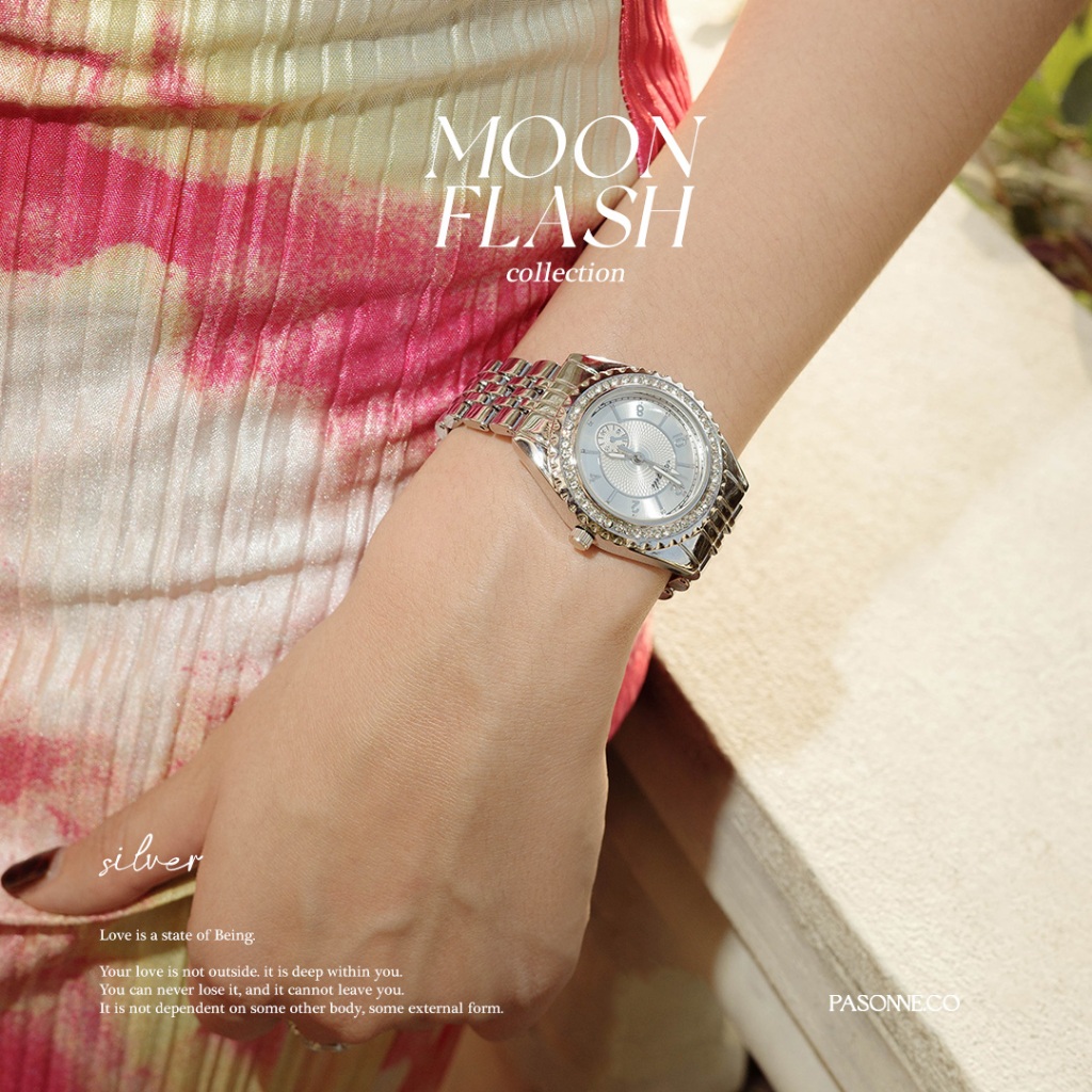 pasonne.co นาฬิกาข้อมือ รุ่น moonflash ทรงกลมสีเงิน เข็มเรืองแสง