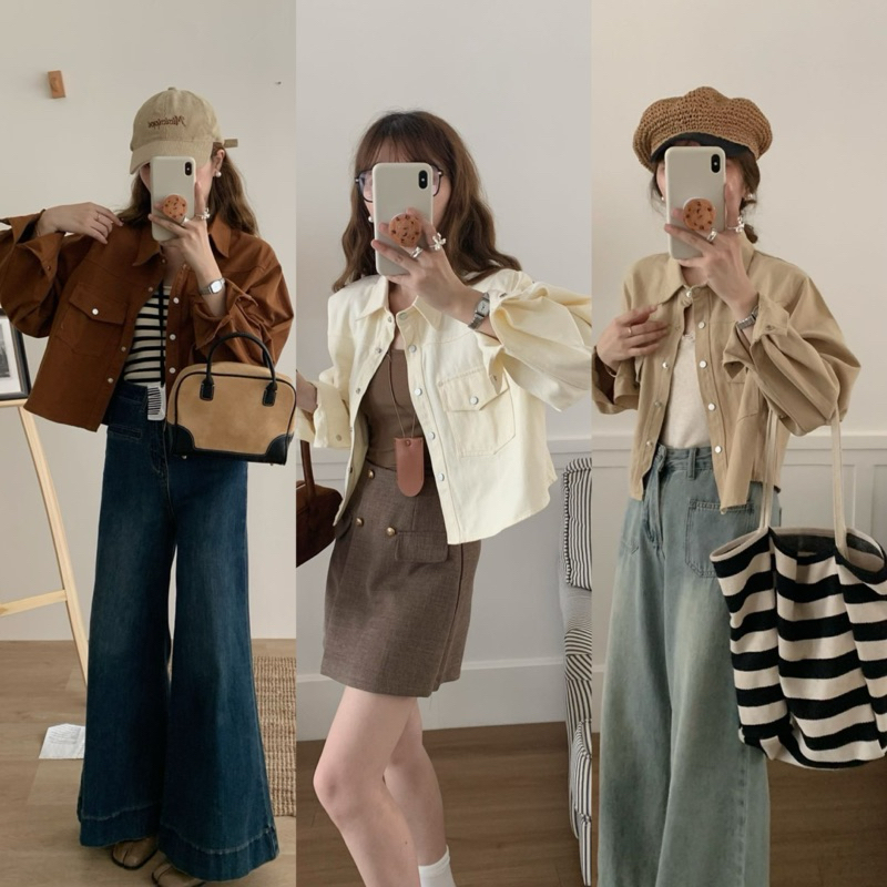 เสื้อJacket ทรงครอป ดีเทลกระเป๋าหน้า2ข้าง งานผ้า ยีนส์ Cotton ทรงสวย
