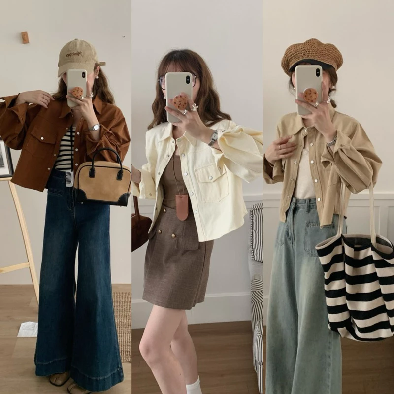 เสื้อJacket ทรงครอป ดีเทลกระเป๋าหน้า2ข้าง งานผ้า ยีนส์ Cotton ทรงสวย