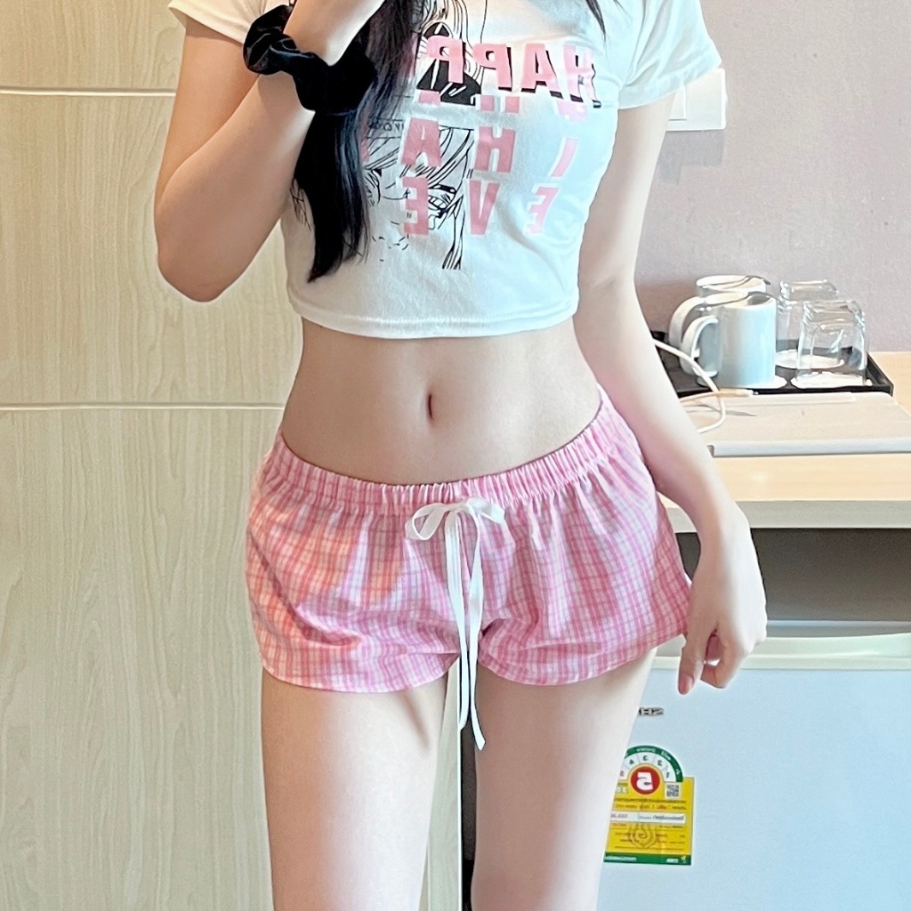 กางเกงขาสั้นจิ๋ว กางเกงนอนขาสั้นน่ารักสายฝอ ลายสก็อตผ้าคอตตอนลินิน