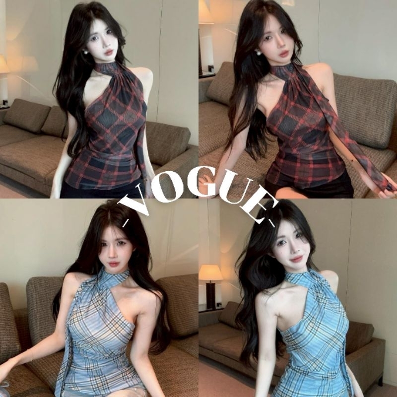 Vogue🌟พร้อมส่ง🌟 เสื้อกล้าม ลายสก๊อต สีสดใส ยืดพอดีตัว (56506)