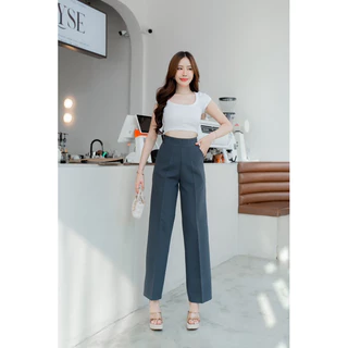 กางเกงทรงขากระบอกกลางซิปข้าง เอวสูง ผ้าไมโคร [New] (S-3XL)