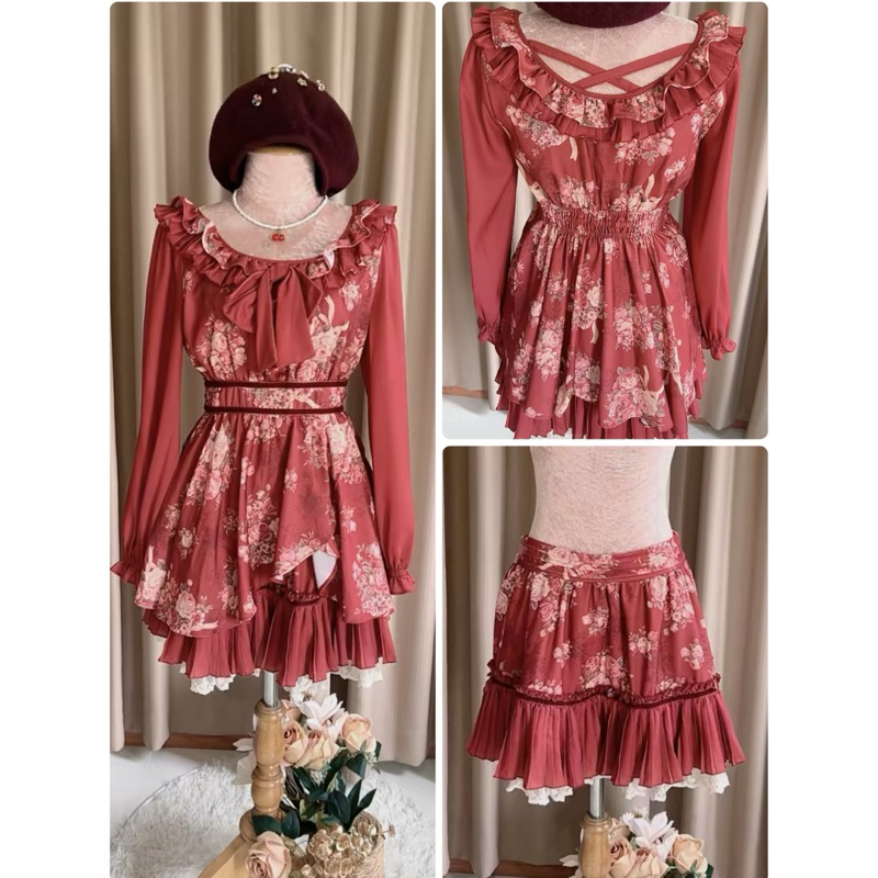 Set up แบรนด์  Lizlisa สีแดงเลือดหมู ลายดอกไม้ ด้านหลังสายไขว้ น่ารักมากๆ สายแบ๊วควรมีไว้ครอบครอง😘💕แ