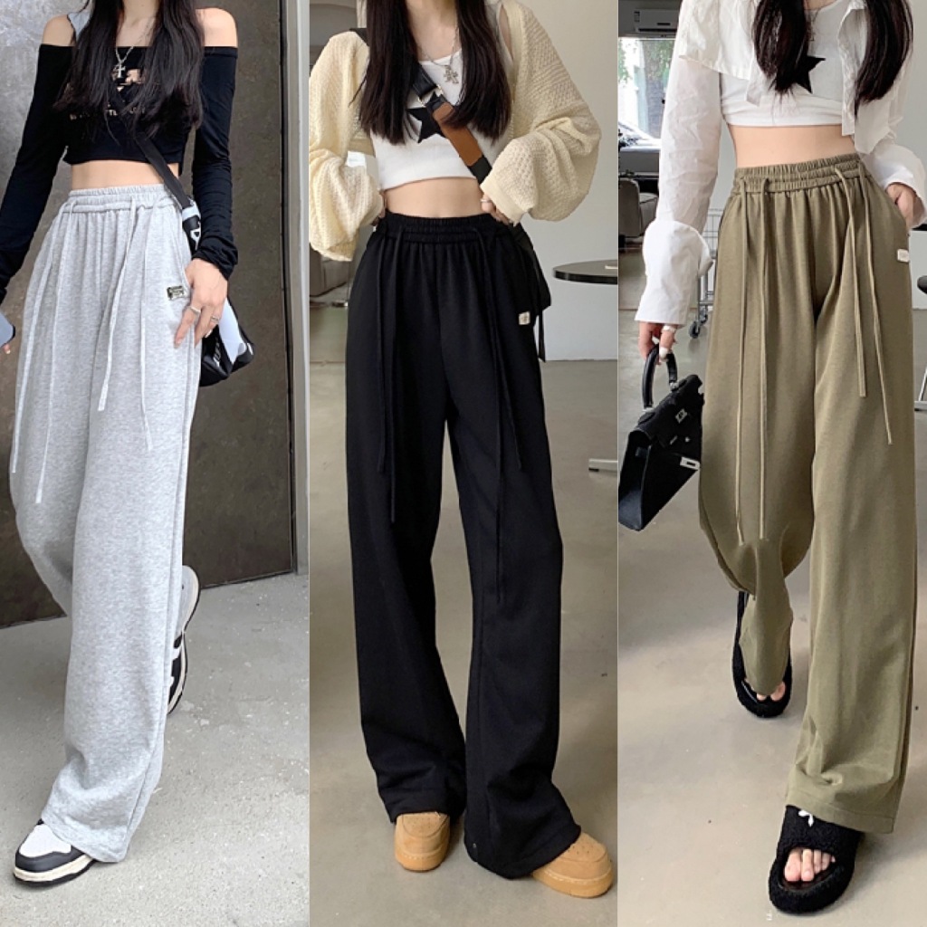 กางเกงลำลองเกาหลี กางเกงผู้หญิงเอวสูง ทรงหลวม มีเชือกผูก เอวยางยืด ผ้าใส่สบาย