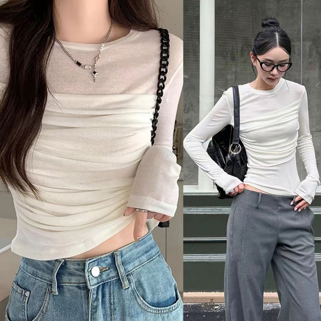 Dahong 💖เสื้อยืดแขนยาว คอกลม ผ้าตาข่าย จับจีบ แบบเข้ารูป แฟชั่นสําหรับผู้หญิง W458