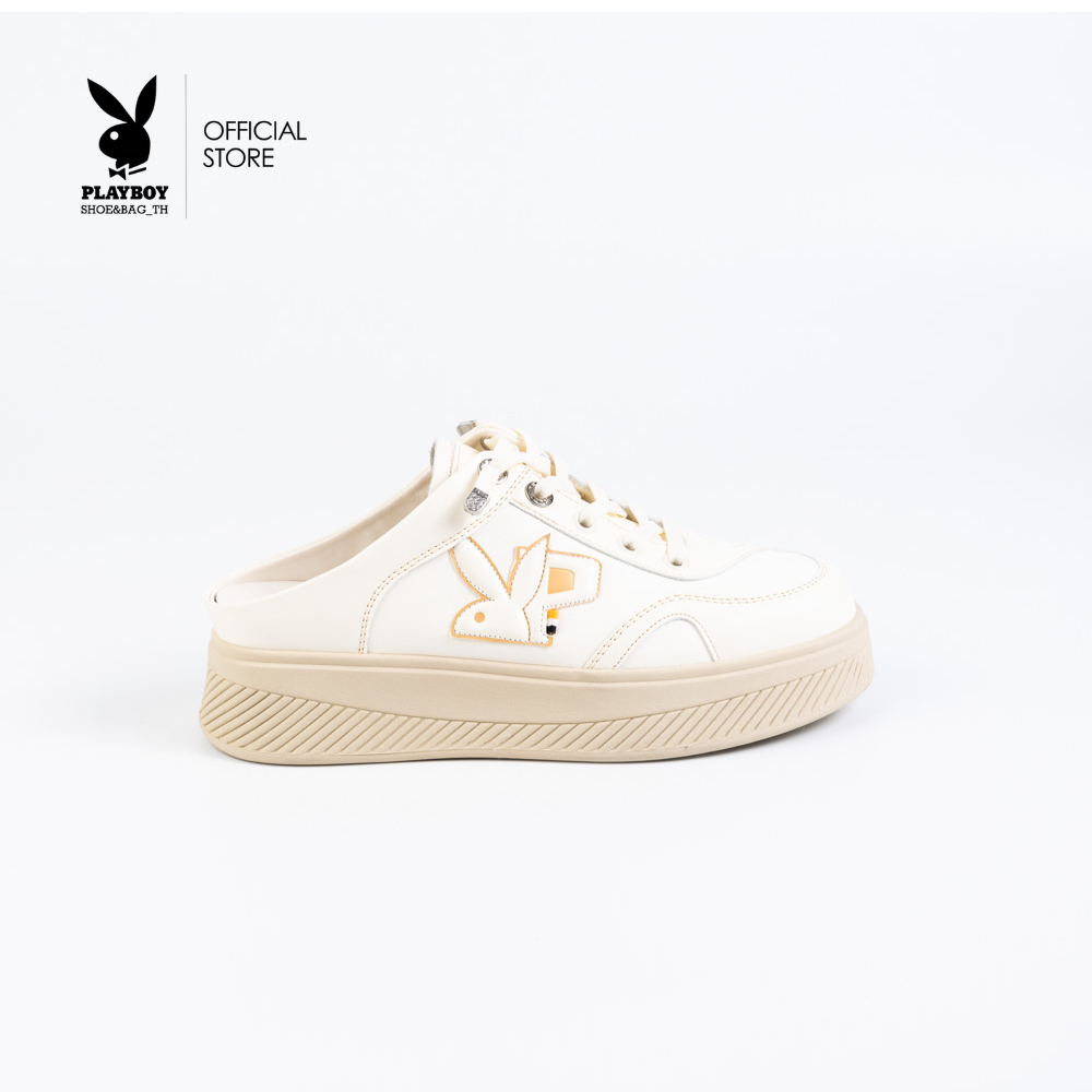 PLAYBOY Mule Sneakers รองเท้าผ้าใบเปิดส้น รุ่น ST-H252C1206  ดีไซน์แต่งโลโก้กระต่าย อะไหล่ฝังเพชร สี Creamy white(CR)