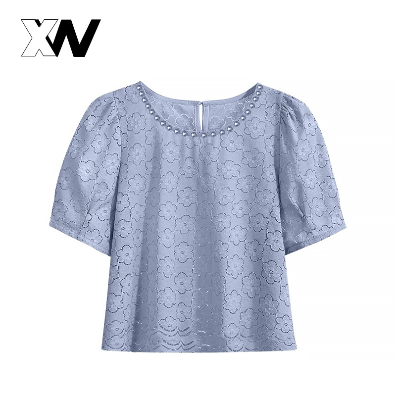 XWbrand NEW เสื้อผ้าแฟชั่นเข้าใหม่ เสื้อฉลุลูกไม้ เสื้อลายลูกไม้แขนสั้น เสื้อแฟชั่นรุ่นติดเทรนกำลังฮิต เนื้อผ้าฉลุลายดอก