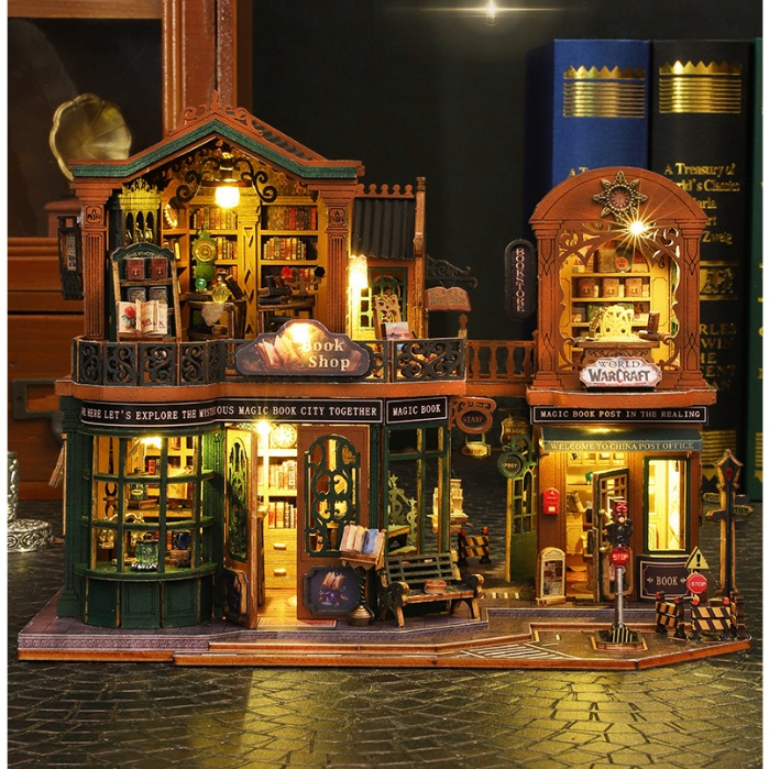 ส่งด่วนกทม. บ้านตุ๊กตา DIY ประกอบเอง ห้องสมุด Twilight Book Mall แถมฝากันฝุ่น ของตกแต่งครบ (ES017)