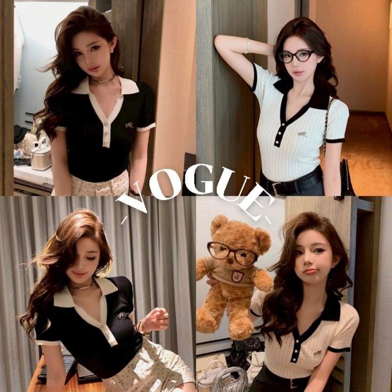 Vogue🌟พร้อมส่ง🌟 เสื้อครอป ไหมพรม แขนสั้น คอกลม สีขาวดำ (W-J069)