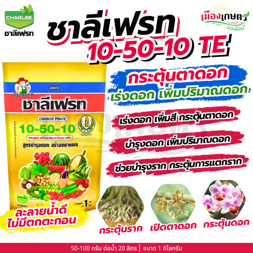 ชาลีโกร โซลูม๊อบ 10-50-10 ปุ๋ยเคมีเกล็ดชนิดผง โพแทสเซียมคลอไรด์ : 1 กิโลกรัม เพิ่มปริมาณแป้ง เพิ่มความหวาน เพิ่มขนาด