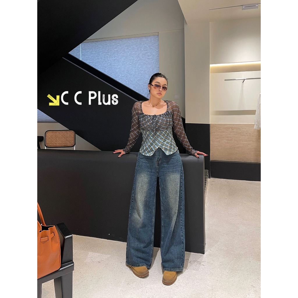 CiCi Plus+(1692-1) เสื้อซีทรูแขนยาวลายสก๊อต เชือกด้านหน้ารูดได้ ซิปข้างเข้ารูป ดีเทลด้านล่างเย็บ 2 ชั้น สไตล์สาวพลัสไซส์