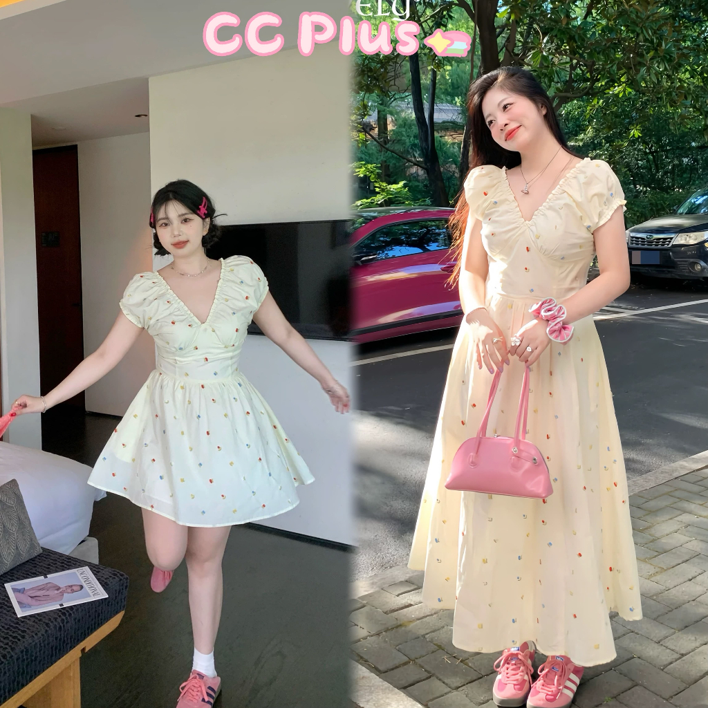 CiCi Plus+(3359/3360) เดรสสั้น/ยาวแขนตุ๊กตา มีซับใน ซิปหลัง พิมพ์ลายดอกไม้ สไตล์สาวพลัสไซส์