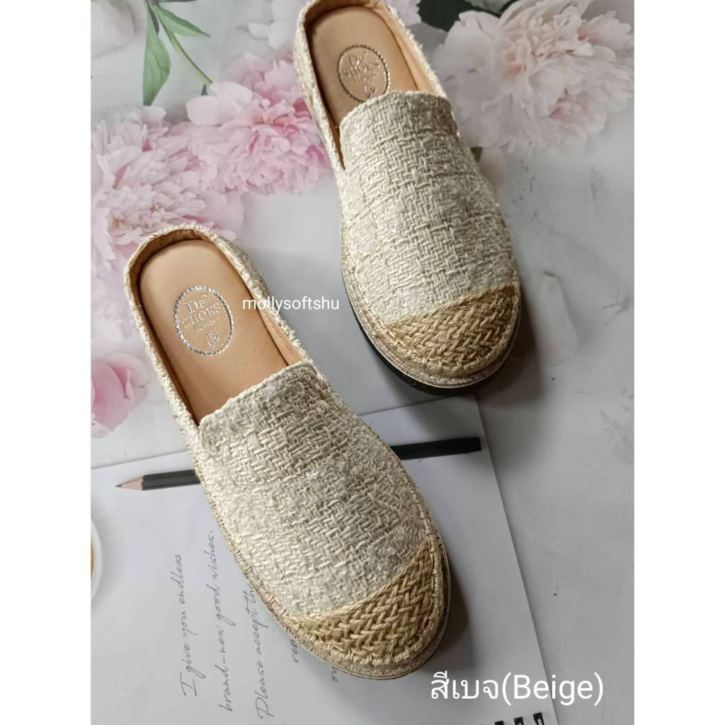 แนะนำ+1ไซด์ รองเท้าแตะเปิดส้นผ้าทวิต de shoes เย็บขอบเชือกปอพื้นด้านล่างเป็นยางซิลิโคนหนาอย่างดีไม่ลื่น เดินสบาย 680312