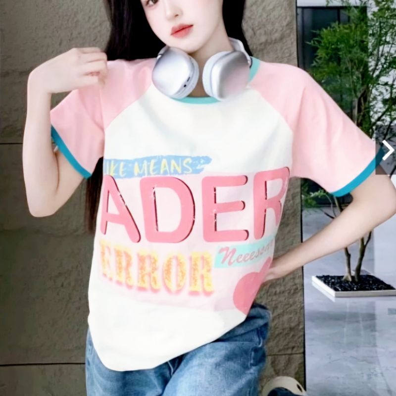 ป้าย ADER เสื้อยืดคอกลม แขนสั้น ครีมชมพู