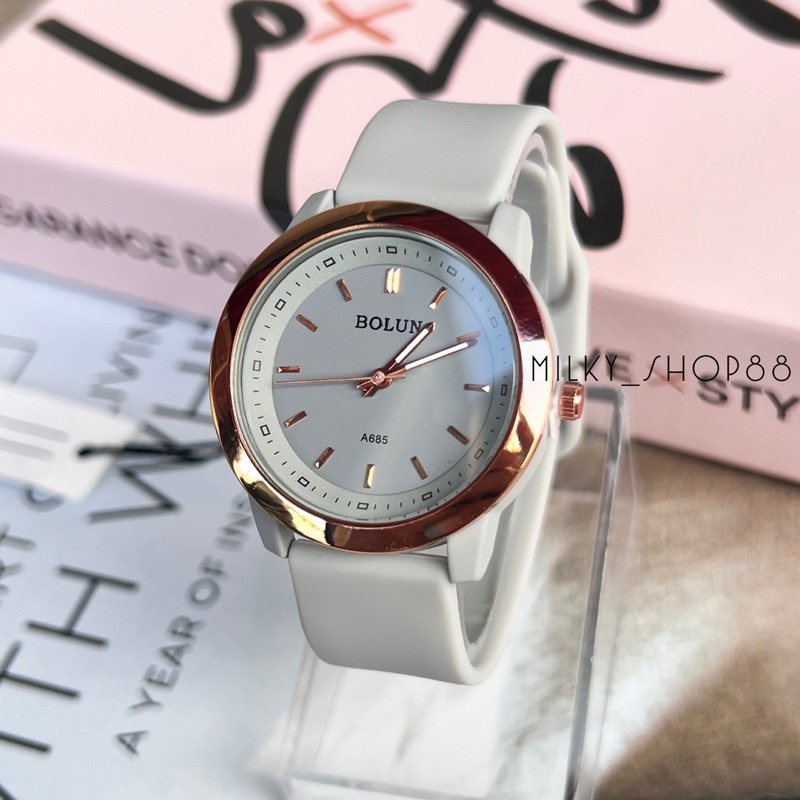 (M35) นาฬิกา BOLUN แท้ หน้าปัดทรงกลม ขอบโรสโกลด์ สายสิลิโคนนุ่มนิ่ม (10 สี)