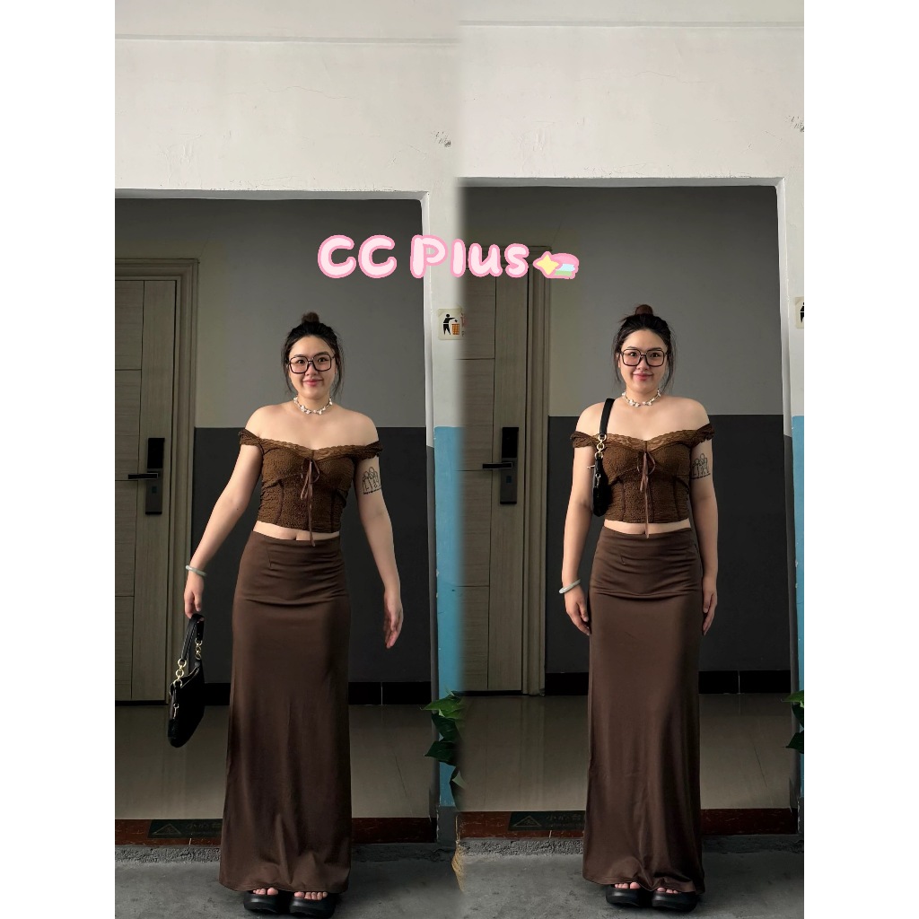 CiCi Plus+ (3367/3368) เสื้อดีเทลแต่งลูกไม้/กระโปรงยาวเอวสม็อคหลังมีซิปข้าง ผ่าหลัง ใส่สบายสไตล์สาวพลัสไซส์ (ขายแยก)