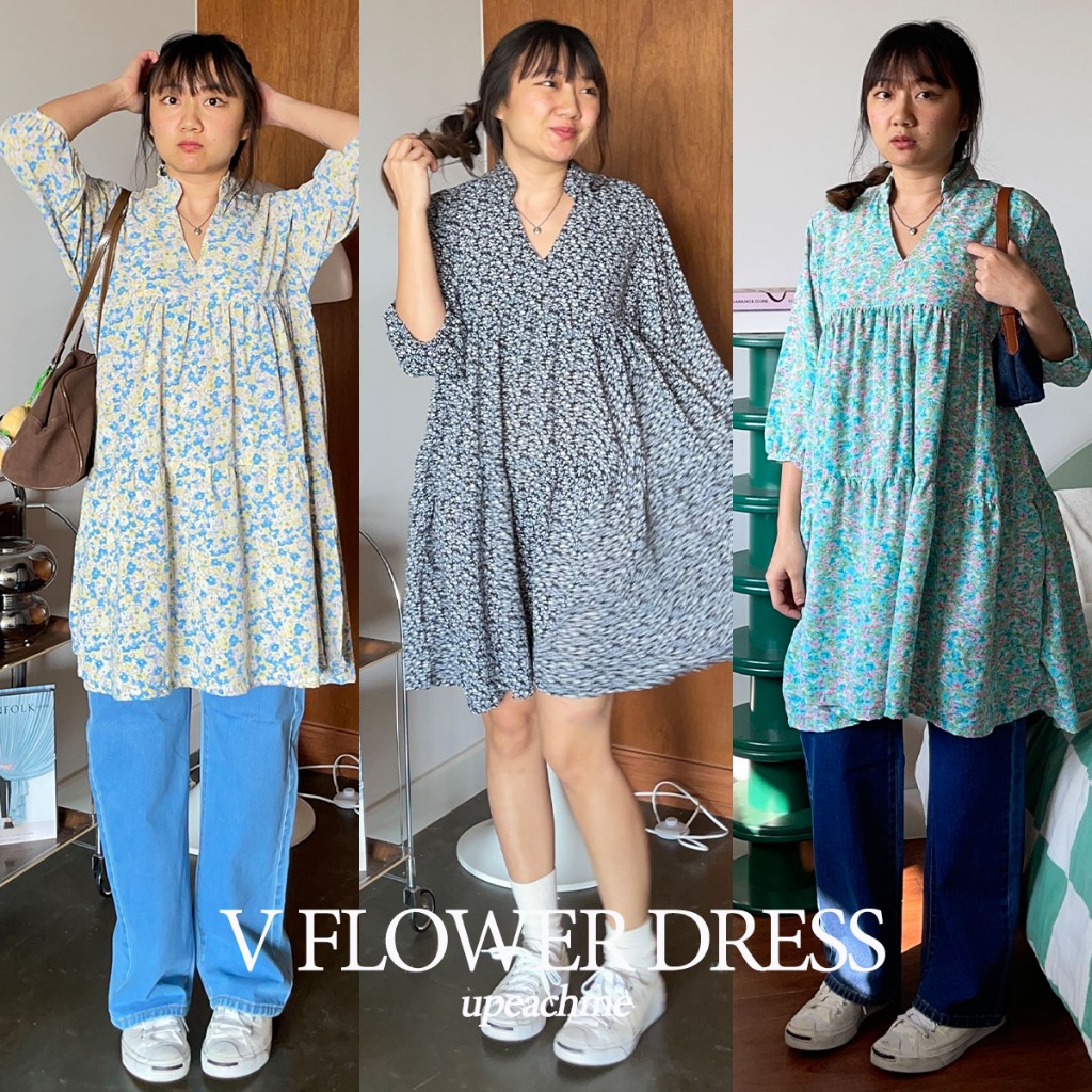 *พร้อมส่ง* Upeachme - V flower dress ชุดเดรสสั้นผ้าชีฟองคลุมเข่าคอวีพิมพ์ลายดอกไม้