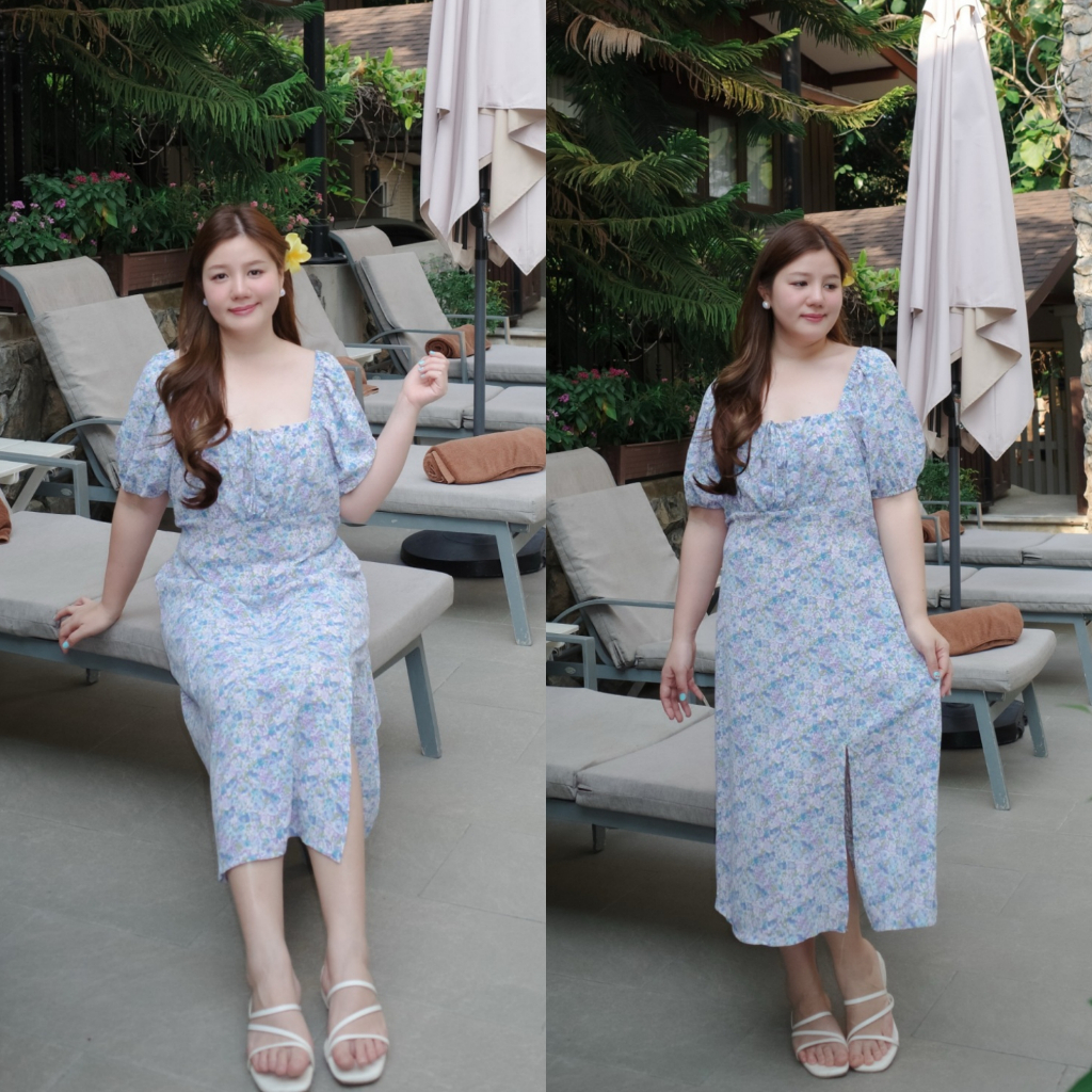 (❤️อกถึง 46") Floral Slit Dress เดรสสาวอวบ ชุดสาวอวบ