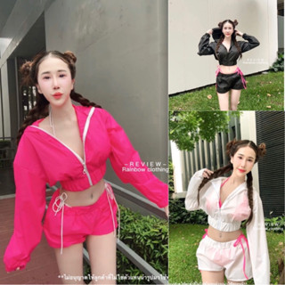 เซ็ทเสื้อฮู้ดแขนยาว+กางเกงขาสั้นงานผ้ากันน้ำป้ายเรนโบว์ใส่สง…