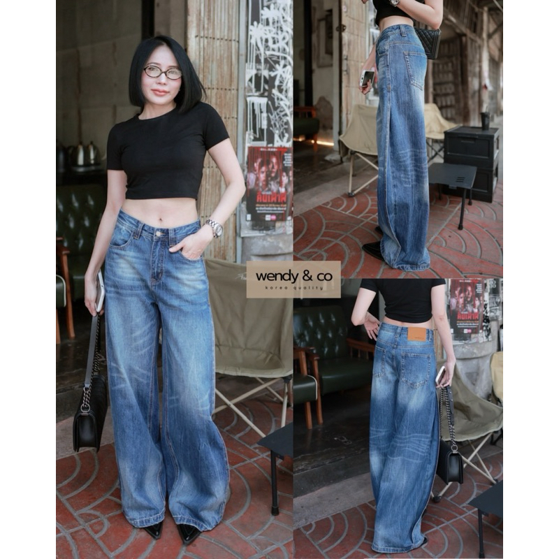 ꫛꫀꪝ 🇰🇷 Washed Denim รุ่นใหม่ กางเกงยีนส์เกาหลีทรงกระบอกใหญ่ ตีเกล็ดพับด้านข้างดีไซน์เก๋ wendy&co