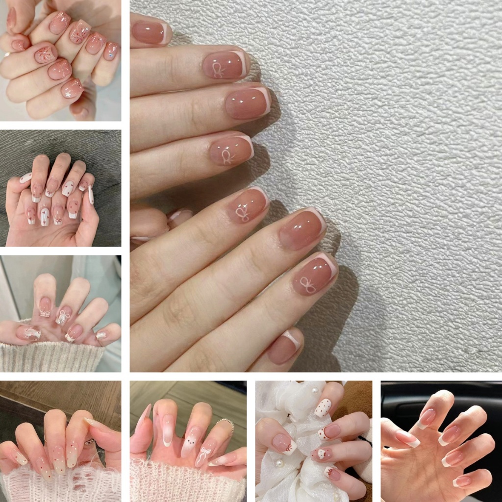 เล็บเจล เล็บปลอม ใหม่ รุ่นสั้น เล็บเจล พร้อมกาวเจลลี่ สไตล์ฝรั่งเศส มี 24 ชิ้น