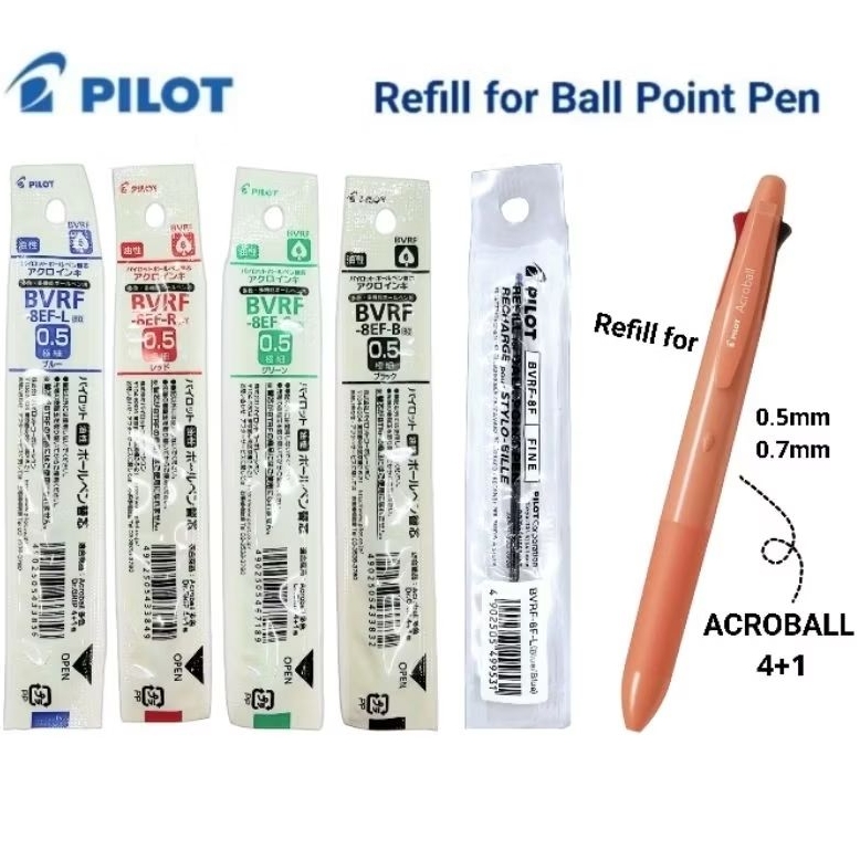 Pilot ไส้ปากกาลูกลื่น Acroball 4+1 0.5มม.(BVRF-8EF), 0.7มม.(BVRF-8F) Refill for Ball Point Pen น้ำเงิน, แดง, ดำ, เขียว