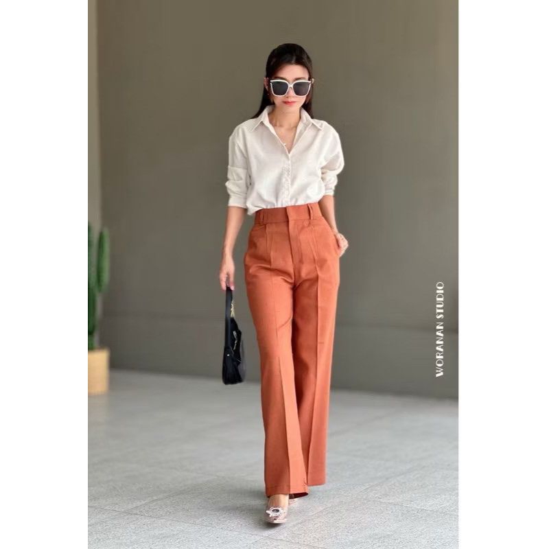 กางเกงผ้าลินินทรงขากระบอกกลางเอวสูงหูเข็มขัดคู่เก็บทรงเอวคอดสวยเป๊ะS-3XL - รูปที่ 4