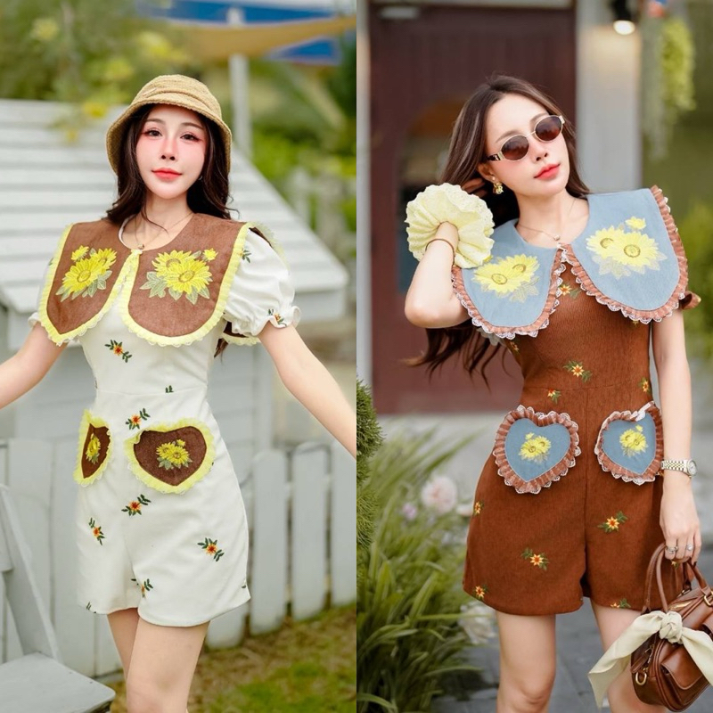 จั๊มสูท จั๊มสูทขาสั้น ผ้าลูกฟูก คอปกปักทานตะวัน สวยมากๆ งานป้าย thanyacha