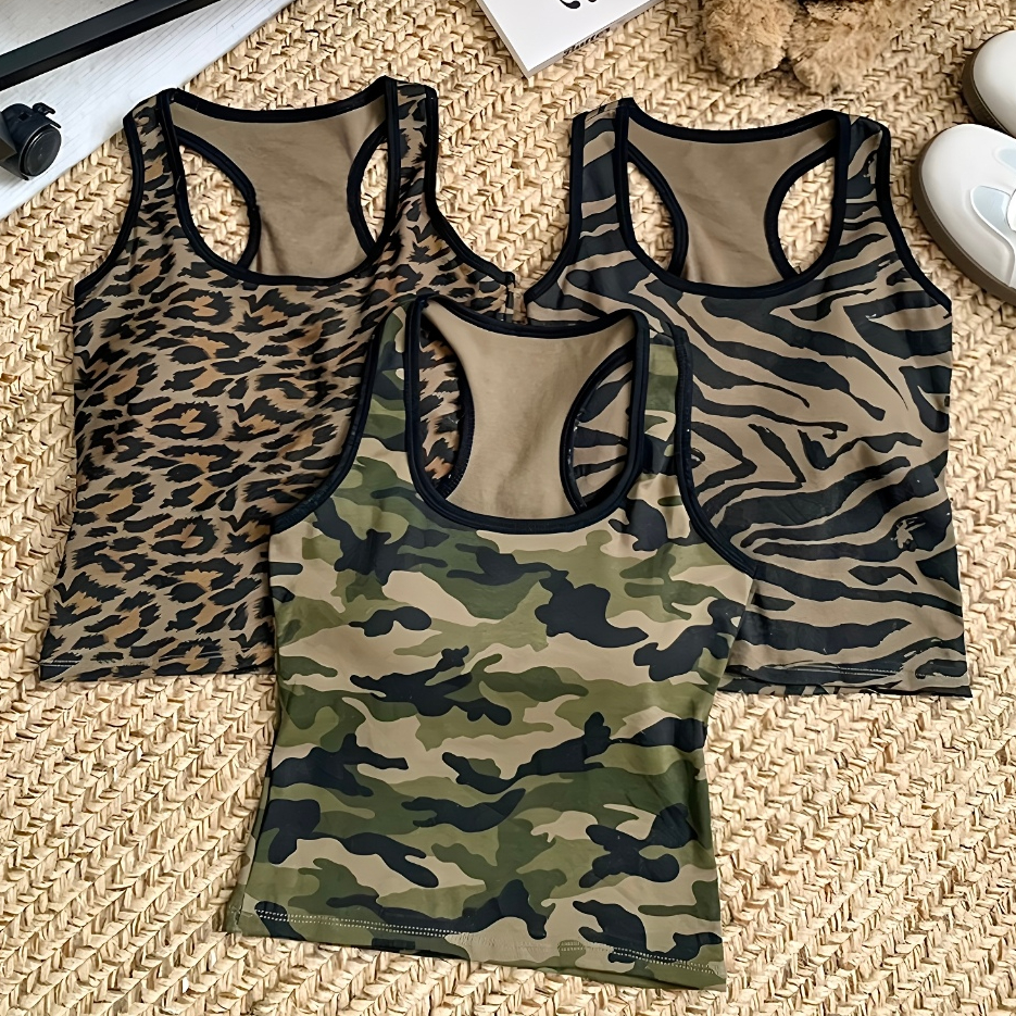 เสื้อกล้ามผู้หญิง ครอปกล้ามลายเสือ ผ้ายืดได้ ผ้าฝ้าย สไตล์สตรีท เข้ากับหลักหลายสไตล์ #030105