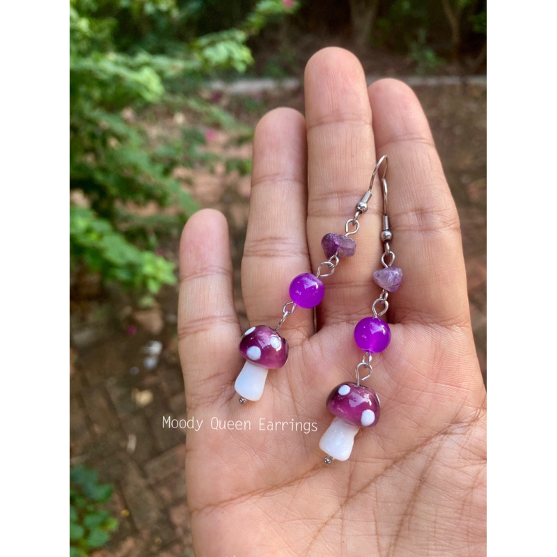 ต่างหูเห็ดม่วง Glass Beads พร้อมส่ง