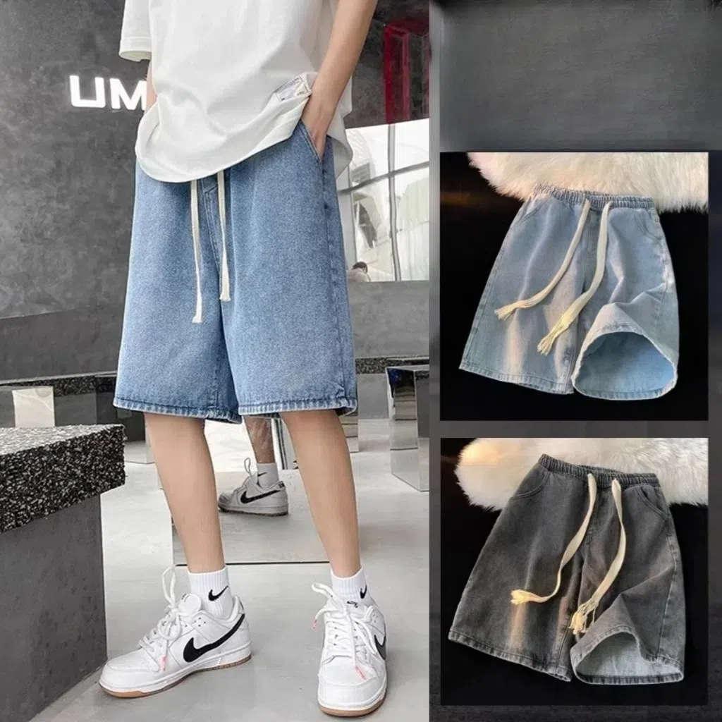 กางเกงขาสั้นผู้ชายขนาดบวกกางเกงยีนส์ขาสั้นผู้ชายอ้วนเอวยางยืด 50-150 กก. เอวสูงหลวม ⚡ จัดส่งที่รวดเร็ว ⚡