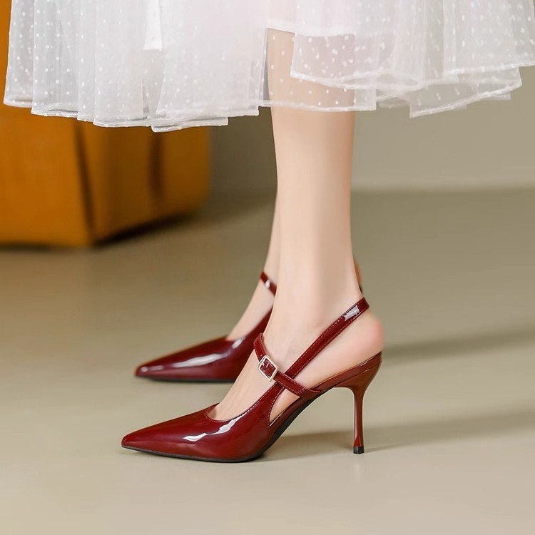 ส้นสูง รองเท้าแตะสีแดง สไตล์ฤดูร้อนใหม่ แหลม ความสง่างาม การออกแบบสายรัด เพิ่มความสูง - รูปที่ 4