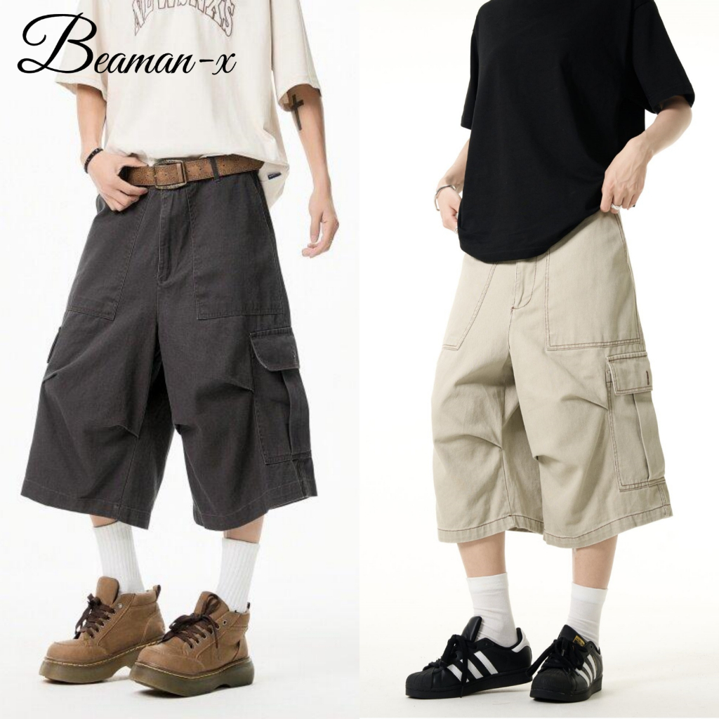 Beaman-Xกางเกงขาสั้นผู้ชายฤดูร้อนใหม่7ส่วนหลวมสบายเอวกลางกระดุม4กระเป๋าใหญ่ดีไซน์สตรีทอเมริกันวินเทจสี3เลือก คุณภาพสูง