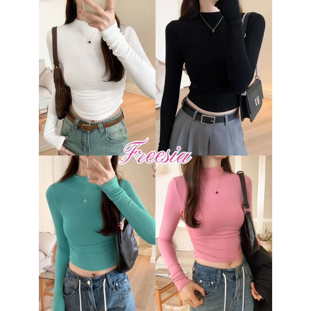 เสื้อยืดเเขนยาว เสื้อครอปผ้าเรย่อน ผ้ายืดเยอะ เเบบสั้นเอวลอย สีพื้น#92307