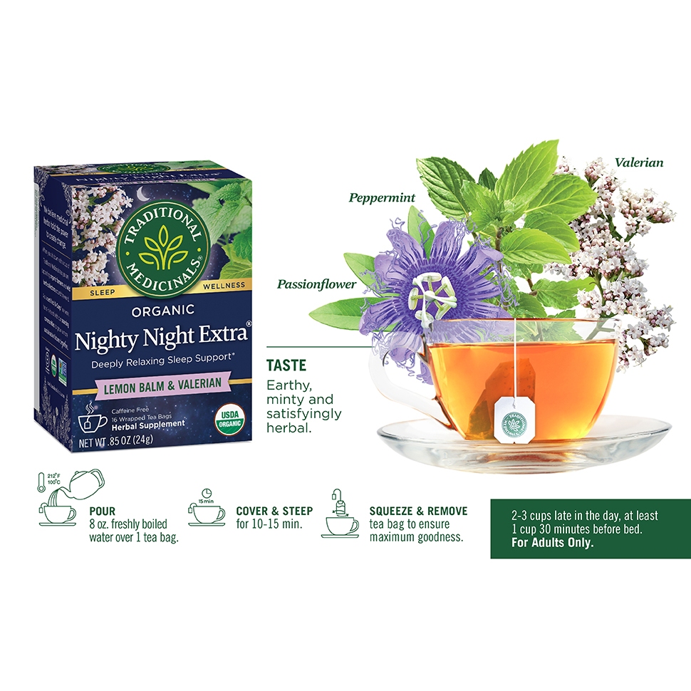 Traditional Medicinals Nighty Night Extra tea ชาส่งเสริมการนอนหลับสนิท ปราศจากคาเฟอีน บรรจุ 16 ถุง